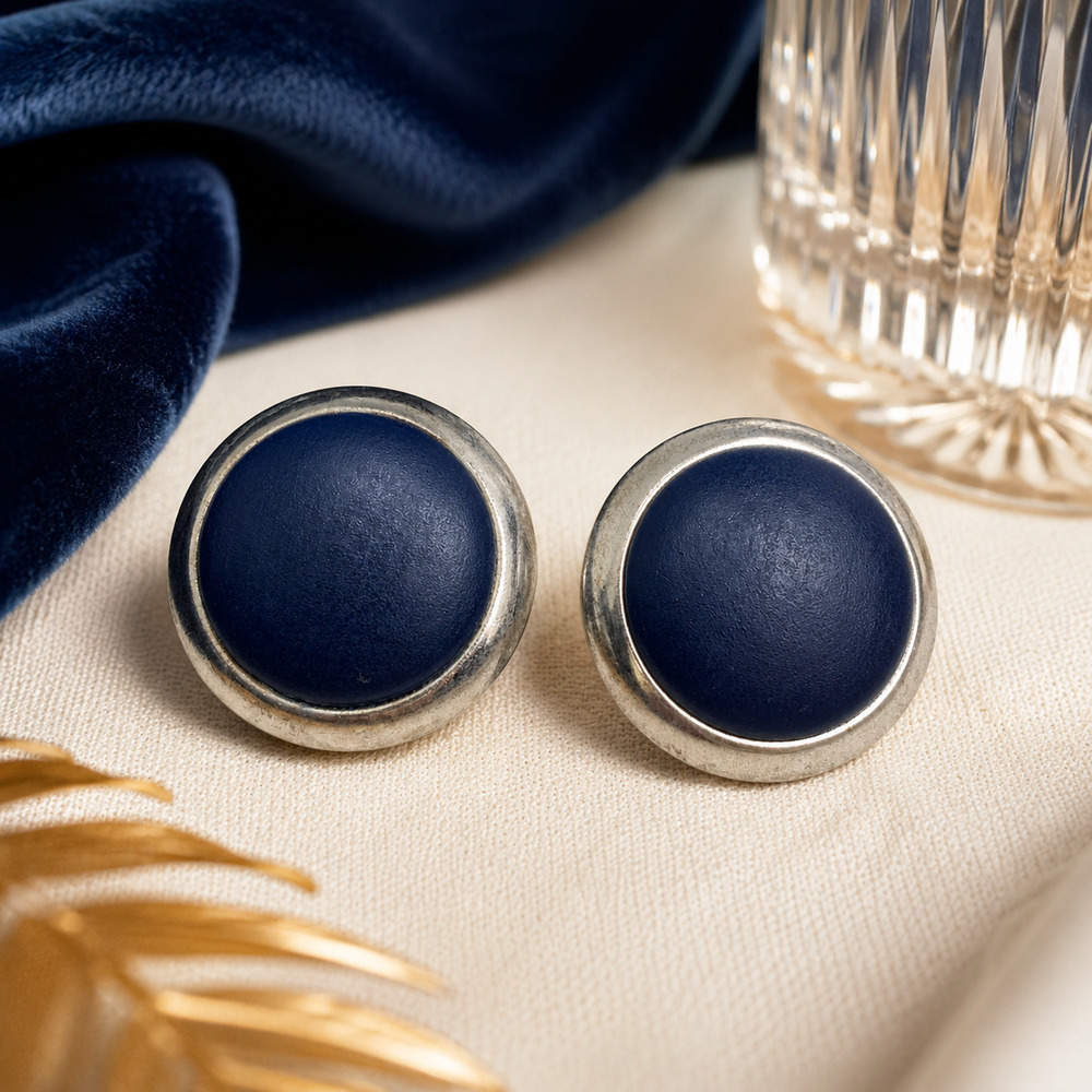 Vintage 1980's Navy Blue Faux Leather Button Earrings Silver Tone Oversized 1.5"